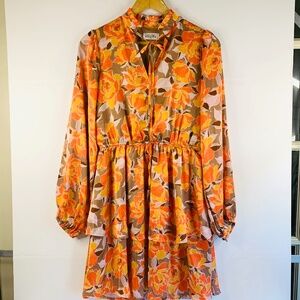 Romantic Cottagecore Orange yellow tan whimsy floral tiered flowy boho dress